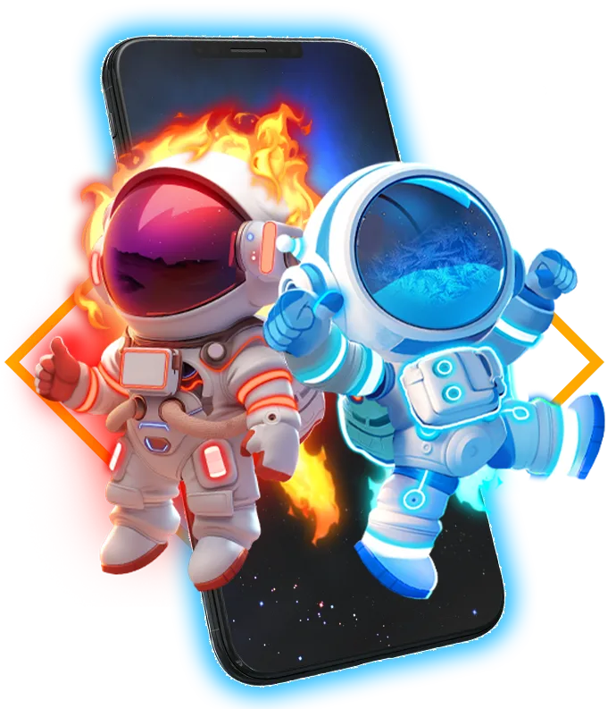 ภาพวาดนักบินอวกาศสองคนลอยอยู่หน้าจอโทรศัพท์ สื่อแนวคิดออกแบบเกมเพื่อมือถือ